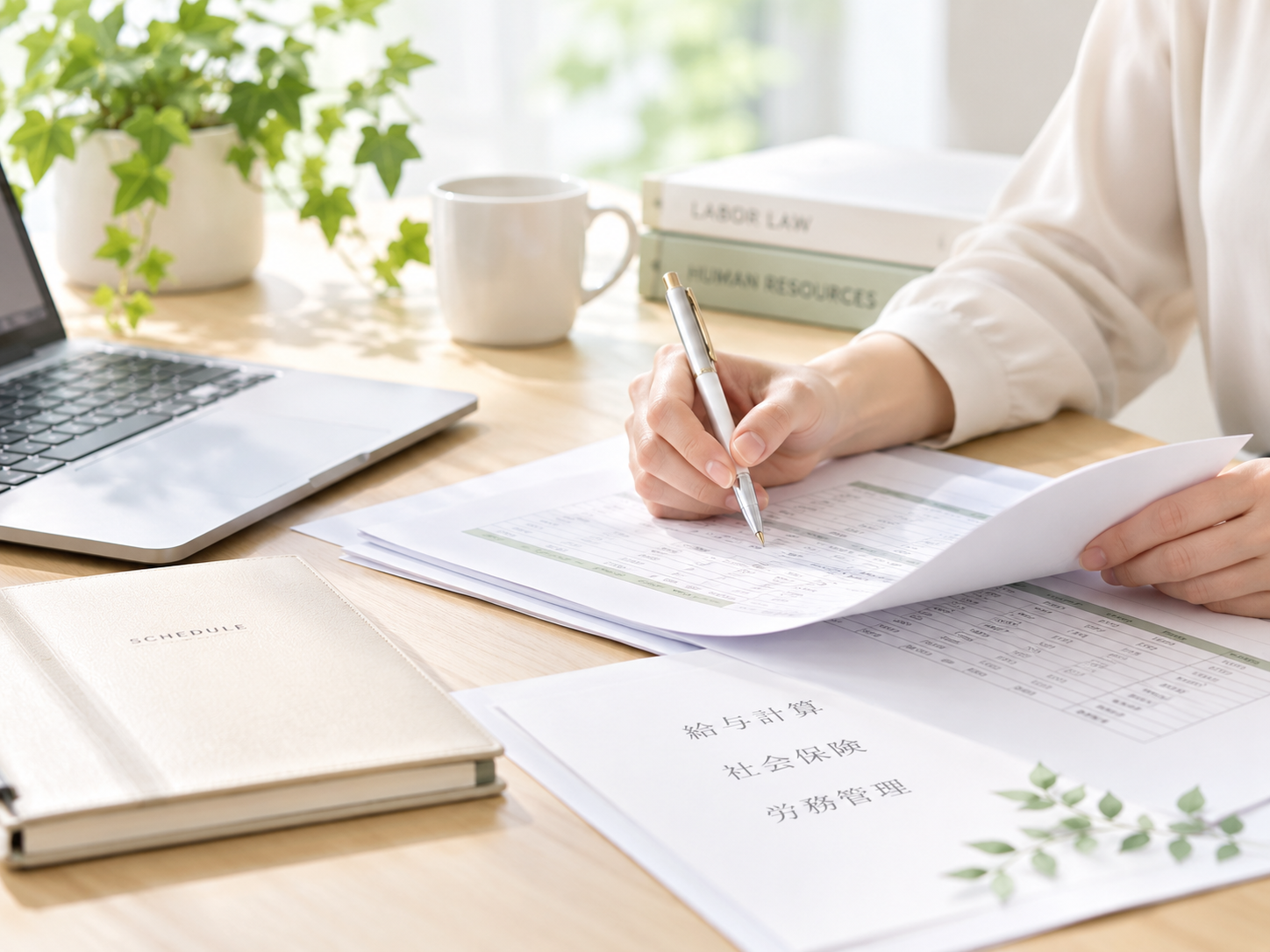 給与計算などの人事労務書類に記入している様子